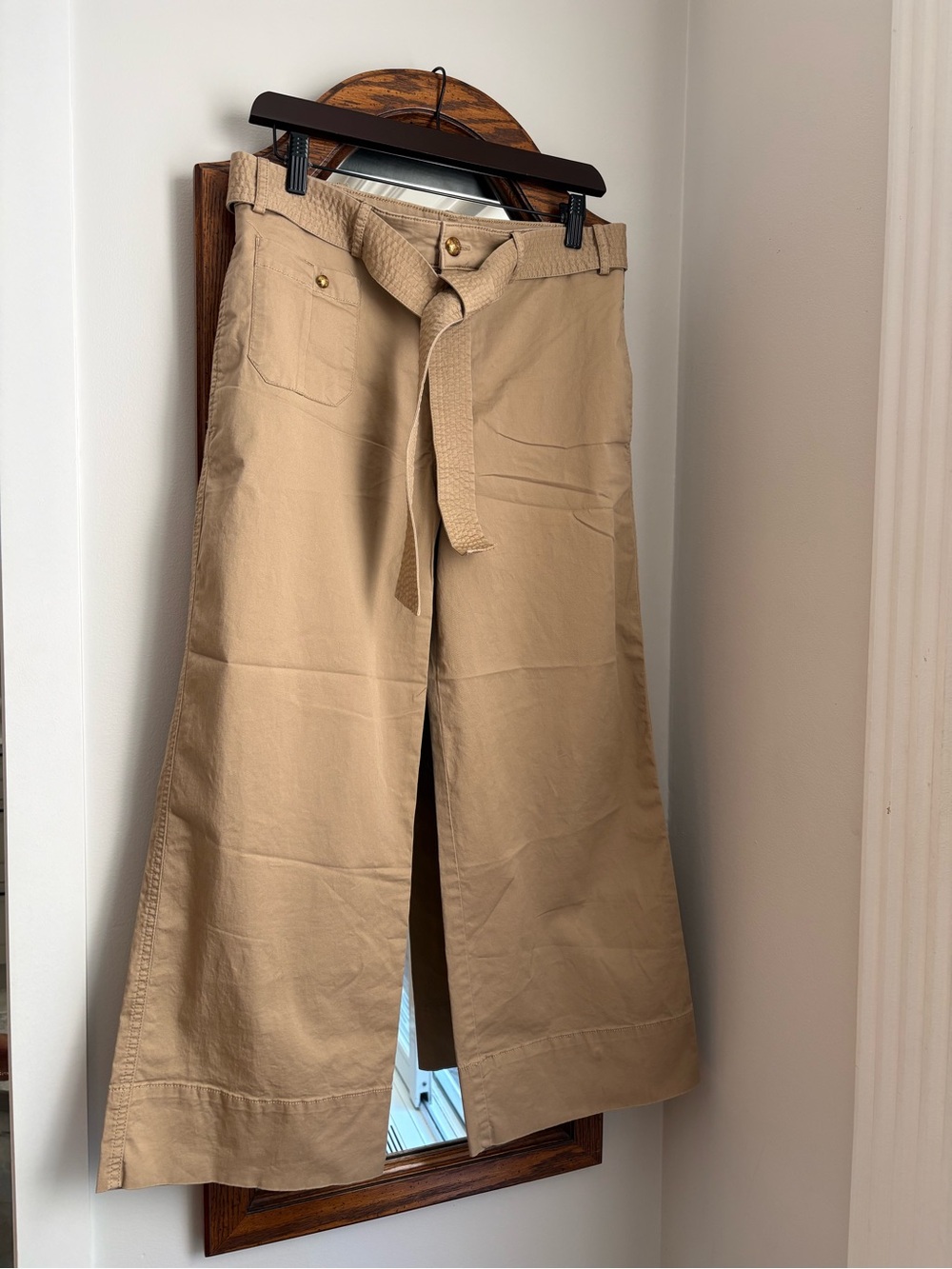 Lauren Ralph Lauren Khaki Wide-Leg Cropped Cotton Pants with Belt